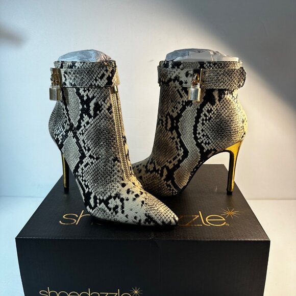 ShoeDazzle Women's Tabitha Snake Print Stiletto Ankle Boots Zip Front Size 6.5 - Picture 1 of 7
